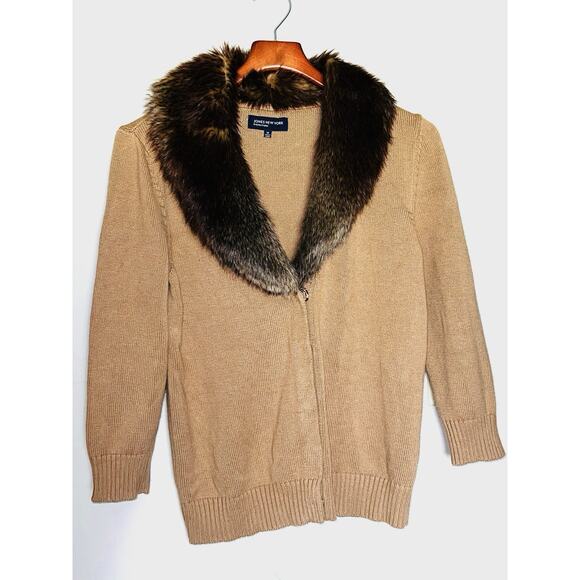 JONES NEW YORK SIGNATURE LT BROWN FAUX FUR COLLAR CARDIGAN M / MEDIUM - Picture 2 of 6
